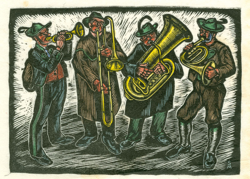 Musikanten, Holzschnitt von Sepp Mohr